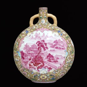 An Exquisite Famille-Rose and Agate Red Glazed Landscape Pattern Double-Ears Vase