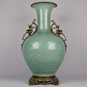 A Huge Shadow Blue Glazed Dragon Pattern Inlaid Bronze Flower and Bird Double-Ears Vase