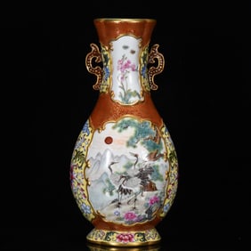 An Exquisite Enamel Painted Gold Pine and Crane Pattern Double-Ears Vase