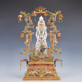 A Huge Filigree and Gilding Inlaid White Jade Double-Ears Vase,Inlaid Gems