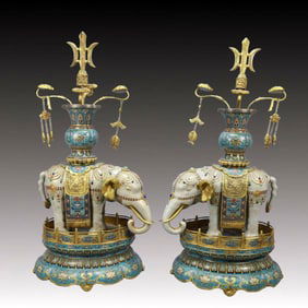A Pair of Huge Cloisonne Elephant Ornaments, Inlaid Turquoise
