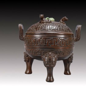 A Exquisite Zitanwood Inlaid White Jade Dragon Pattern Double-Ears and Tripod Censer