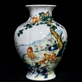 A Precious Famille-Rose Pine and Monkey Pattern Vase, With Poem