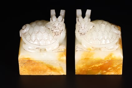 A Pair of Exquisite White Jade Dragon and Turtle Seals