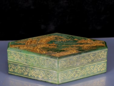 An Exquisite Jasper Painted Gold Landscape Pattern Box