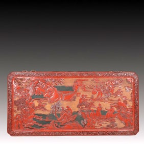 A Rare Carved Red Lacquer Arhat Pattern Hanging Panel