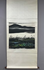 A Chinese Vertical Scroll Ink Painting of Landscape on Paper