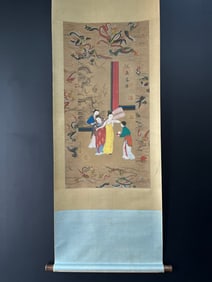 A Chinese Vertical Scroll Ink Painting of Character and Story on Silk