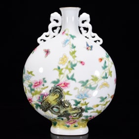 An Exquisite Famille-Rose Flower and Bird Pattern Double-Ears Vase,with Poem