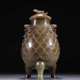 An Exquisite Gaogu Jade Beast-Ears Tripod Cover Jar