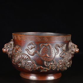 A Rare Bronze Auspicious Beast Pattern Lion-Ears Censer