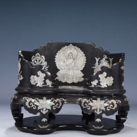 An Exquisite Black Lacquer Inlaid Mother-of-pearl-inlay Lotus and Sakyamuni Pattern Ornament,With