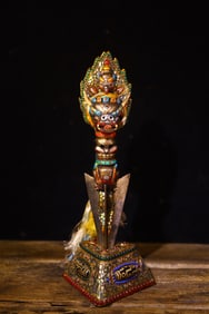 A Rare Bronze Inlaid Dzi Bead and Turquoise Beast-Face Pattern Ornament