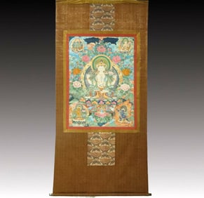 A Rare Brocade Painted Color Four-arms Statue of Avalokitesvara Tangka