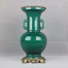 A Huge Green Glazed Inlaid Bronze Dragon-Ears Vase