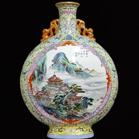 A Huge Famille-Rose Green Ground Landscape Pattern Double-Ears Vase,with Poem