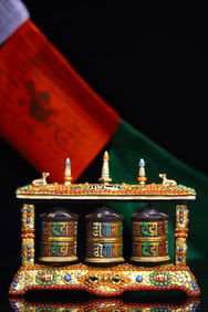 A Rare Bronze Inlaid Dzi Bead and Turquoise Ornament