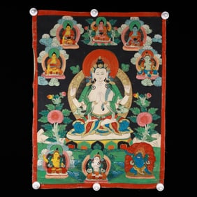 A Rare Brocade Painted Color Statue of Four-Armed Guanyin Tangka