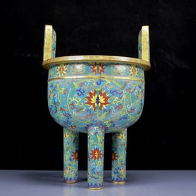 A Rare Cloisonne Lotus Pattern Double-Ears and Tripod Censer