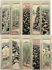 A Set of Chinese Vertical Scroll Ink Painting of Landscape and Figure on Paper
