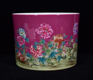 An Exquisite Ruby Red Glazed Famille-Rose Peony Pattern Brush Pot,with Poem