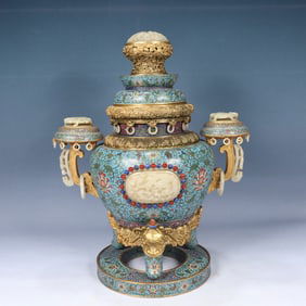 A Huge Cloisonne Inlaid White Jade Lotus,Auspicious Cloud and Dragon Pattern Double-Ears and Tripod