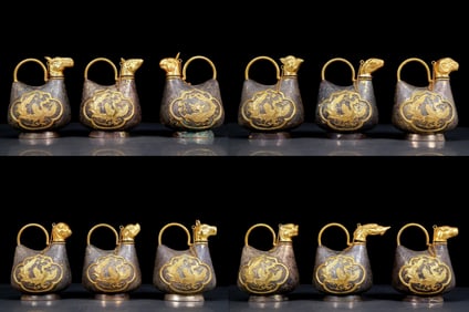 A set of exquisite gilt bronze and silver wine bottles with twelve zodiac animals, dragon and