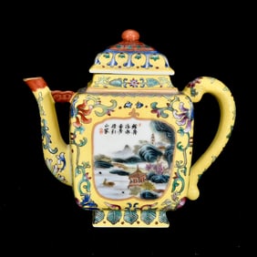 An Exquisite Enamel Landscape and Figure Pattern Teapot