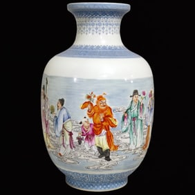 An Exquisite Famille-Rose Enamel Figure and Story Pattern Vase
