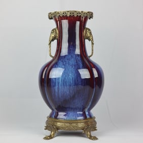 A Huge Flambe Glazed Inlaid Bronze Elephant-Ears Vase