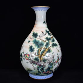 An Exquisite Famille-Rose Pine and Crane Pattern Vase,with Poem