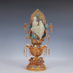 An Exquisite Filigree and Gilding Inlaid White Jade Statue of Avalokitesvara,Inlaid Gems