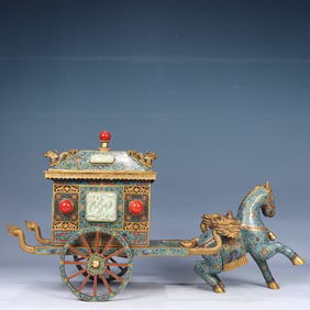 A Huge Cloisonne Inlaid White Jade Lotus and Dragon Pattern Carriage,Inlaid Gems