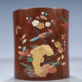 An Exquisite Zitanwood Flower and Bird Pattern Brush Pot,Inlaid Gems