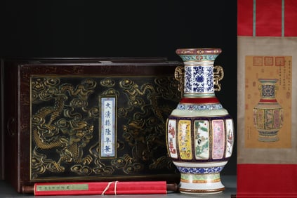 A Huge Enamel Gilt Flower Pattern Double-Ears Vase,with Vertical Scroll Painting on Silk
