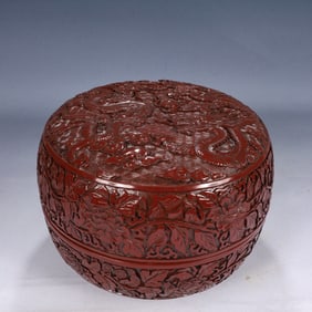 An Exquisite Carved Red Lacquer Flower,Seawater and Dragon Pattern Cover Box