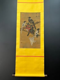 A Chinese Vertical Scroll Ink Painting of Flower and Bird on Silk