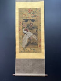 A Chinese Vertical Scroll Ink Painting of Flower and Bird on Silk