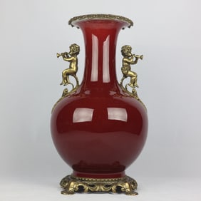 A Huge Red Glazed Inlaid Bronze Figure Double-Ears Vase
