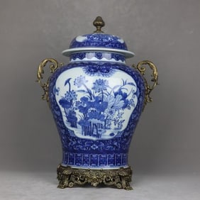 A Huge Blue and White Flower Pattern Inlaid Bronze Flower Double-Ears Jar with Cover