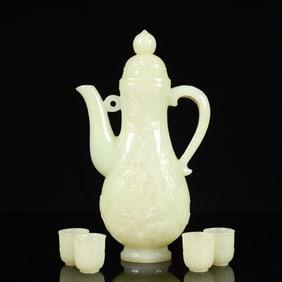 A Set of Fine White Jade Flower and Bird Pattern Teaware