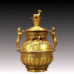 A Rare Gilt Bronze Sheep Pattern Double-Ears Pot
