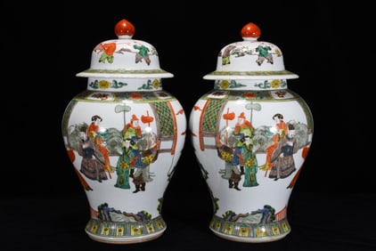 A Pair of Huge Famille-Rose Figure Pattern Cover Jars
