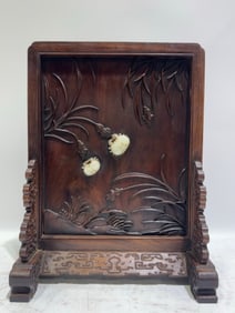 A Rare Huanghuali wood Crab Pattern Screen,Inlaid White Jade