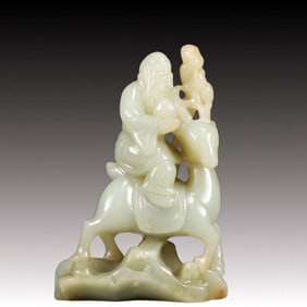 An Exquisite Greenish Jade Statue of Longevity Ornament