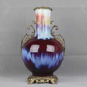 A Huge Flambe Glazed Inlaid Bronze Flower Double-Ears Vase