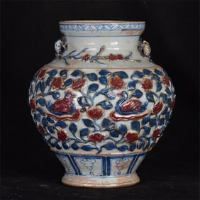 An Exquisite Blue and White Underglaze-Red Flower and Bird Pattern Double-Ears Jar