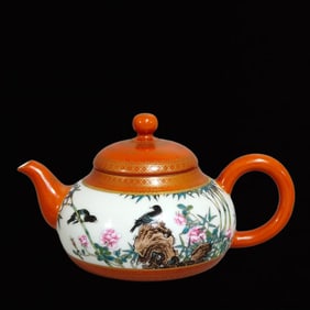 An Exquisite Famille-Rose and Coral Red Glazed Painted Gold Flower and Bird Pattern Teapot,with Poem