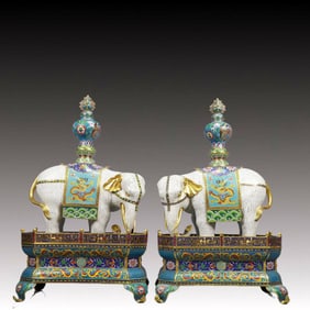 A Pair of Monumental Cloisonne Elephant Ornaments