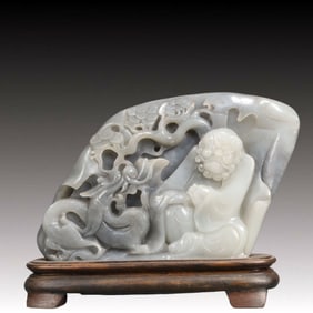 An Exquisite Cyan jade Statue of Arhat Ornament